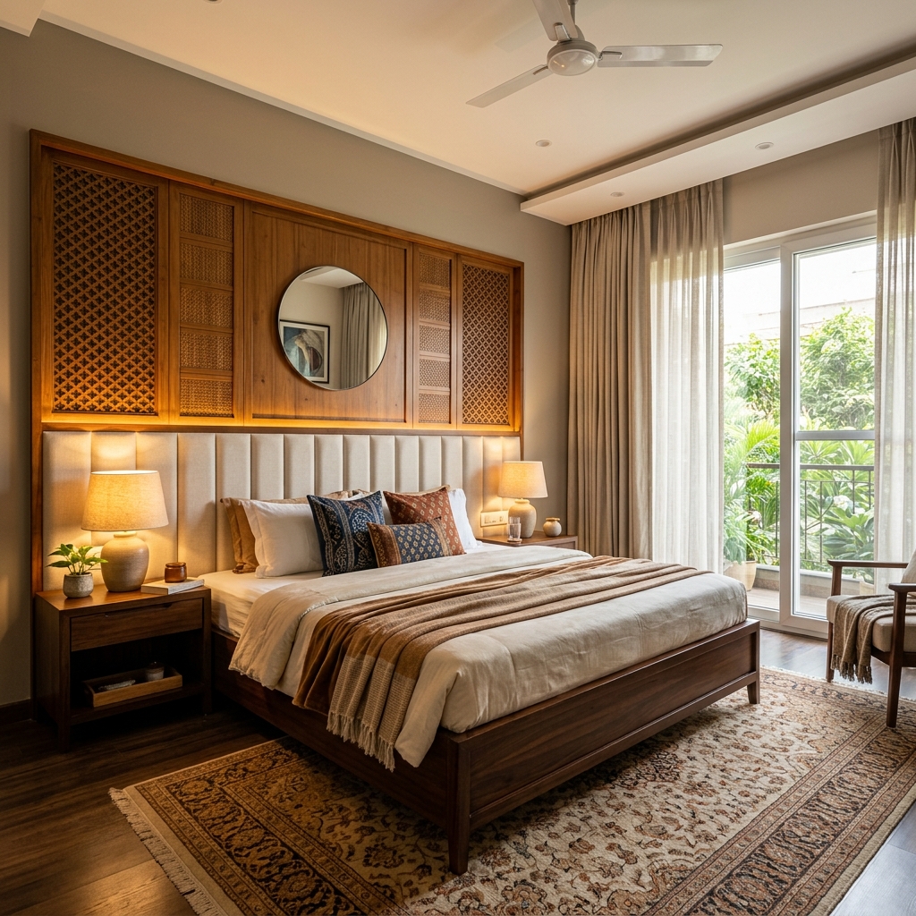 Bedroom with custom wood accent wall