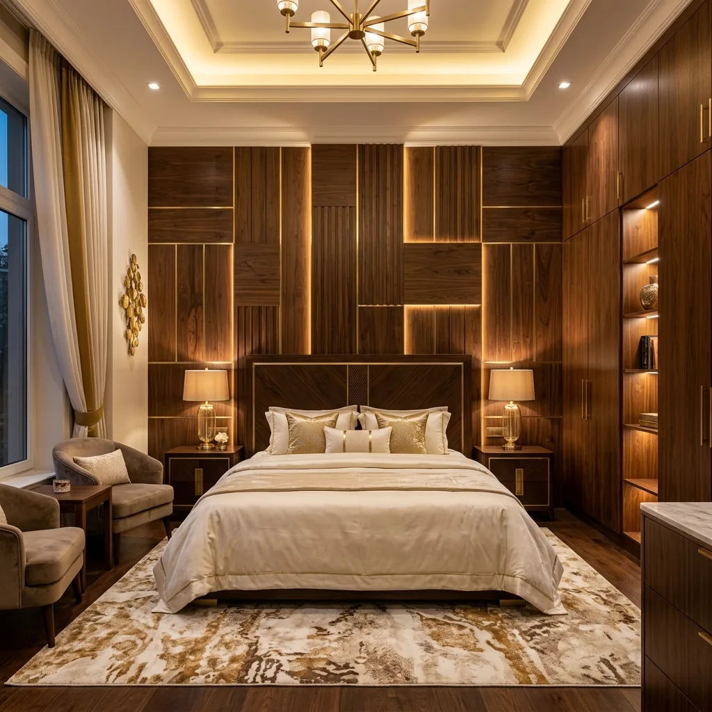 Luxury bedroom with wooden paneling